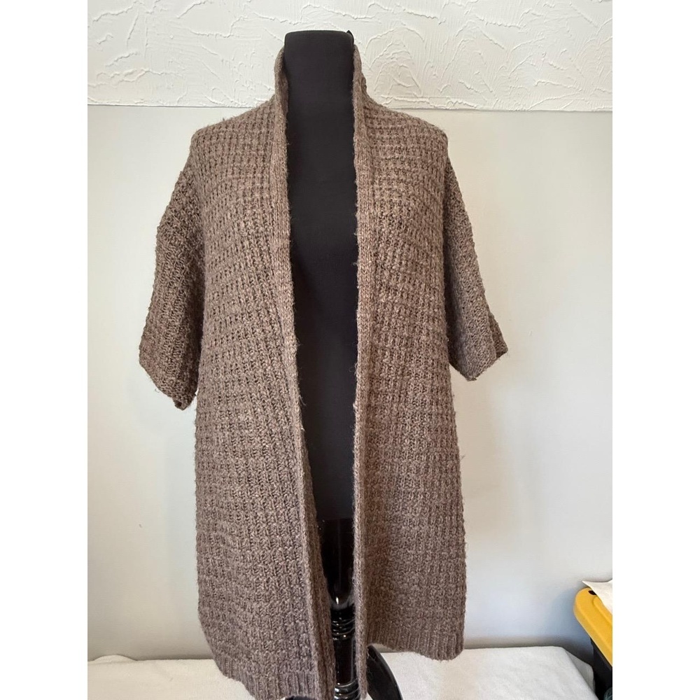 Chico's Cardigan Womens Size 2 Taupe Short Sleeved Chunky Knit  Cozy Soft Warm